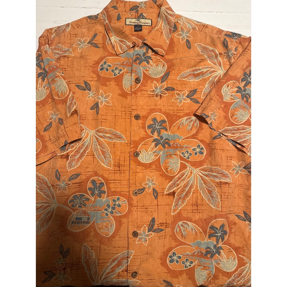 Tommy Bahama Orange Silk Tropical Floral‎ Palm Tree Camp Shirt Mens Size M